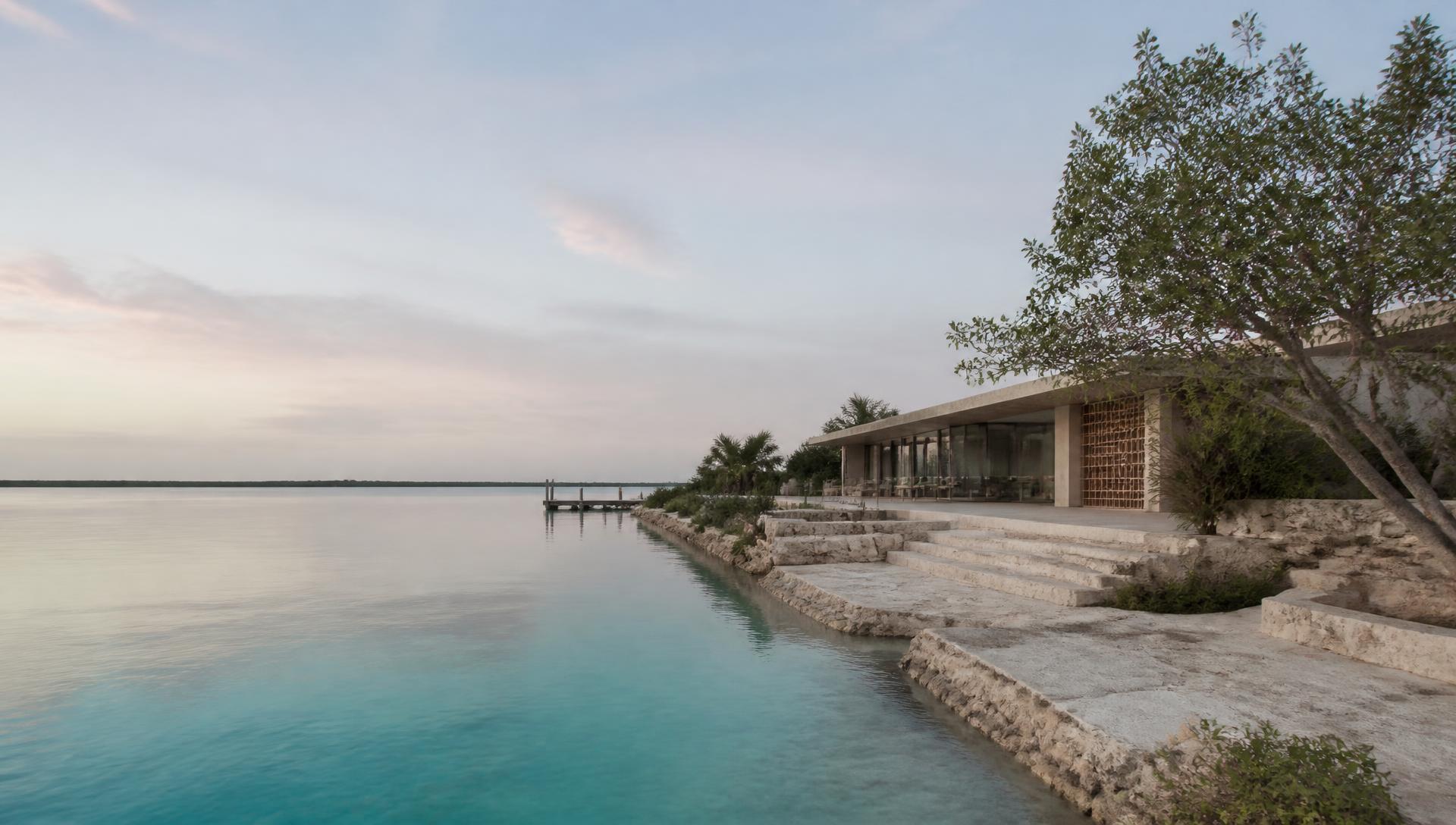 Lagoon shoreline at dawn in Bacalar, Quintana Roo